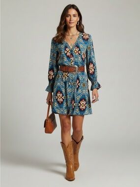 Finley Blue Boho Ikat Western Button Down 3/4 Sleeve Shirt Dress Size M